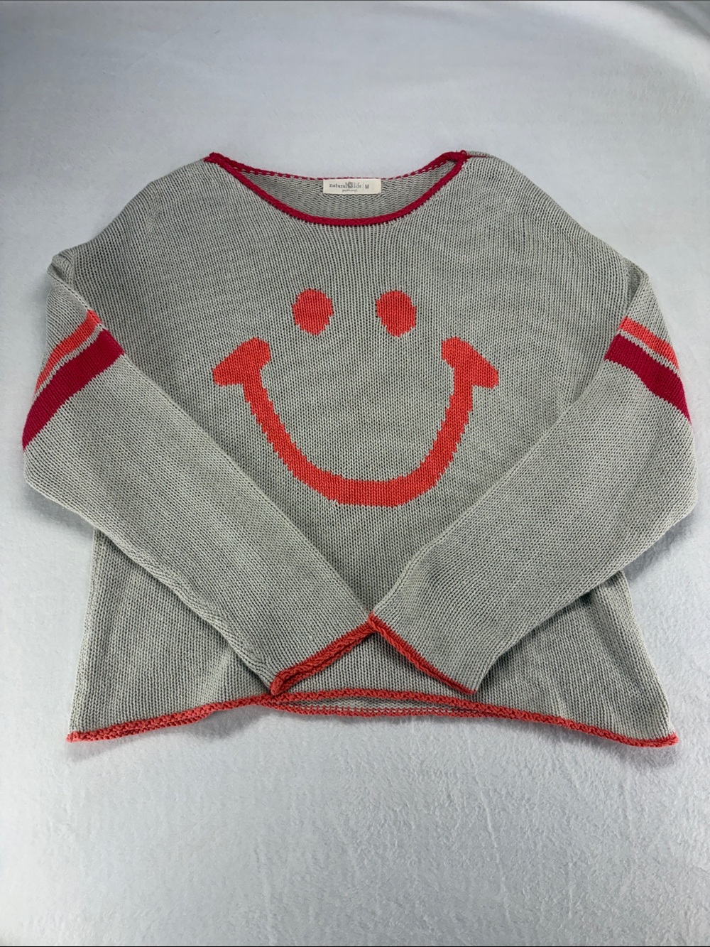 NATURAL LIFE Gray Crewneck Sweater with Orange Smiley & Pink Stripe Accents